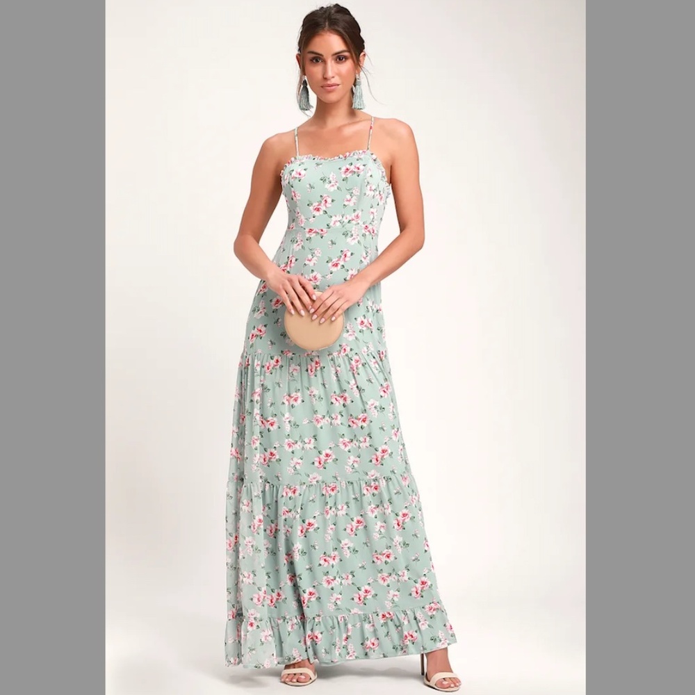 Lulus Melissa Light Sage Green Floral Printed Tiered Maxi Dress Size S
